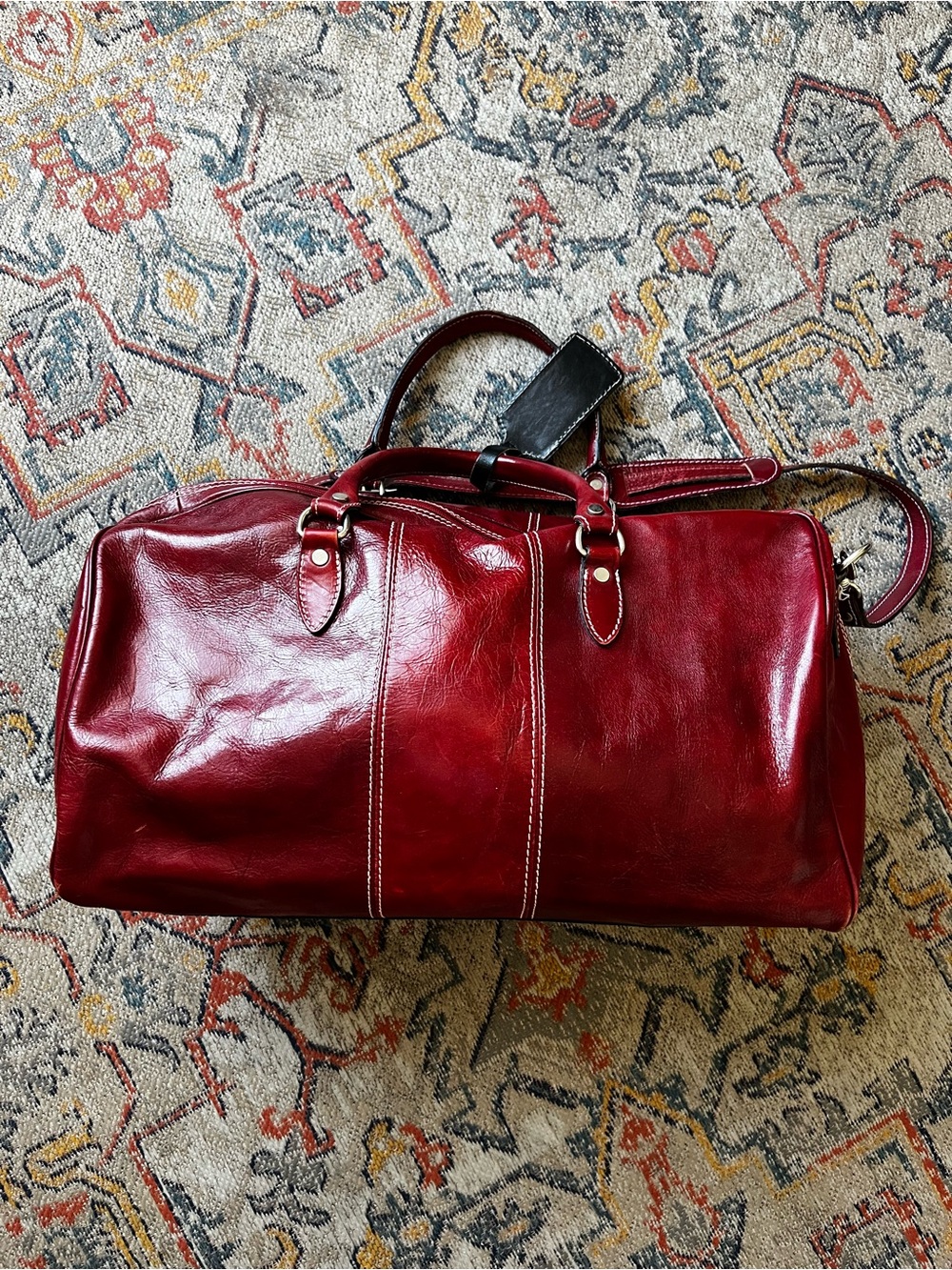 Floto Men's Red Leather Duffel Bag with Shoulder Strap Made in Italy